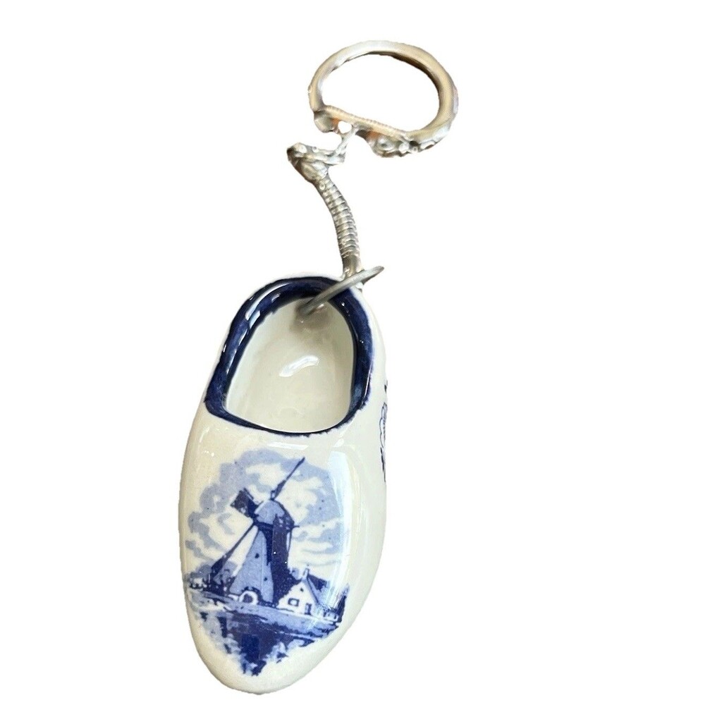 Vintage Delft Blue Holland Wooden Shoe Ceramic Keychain Clog